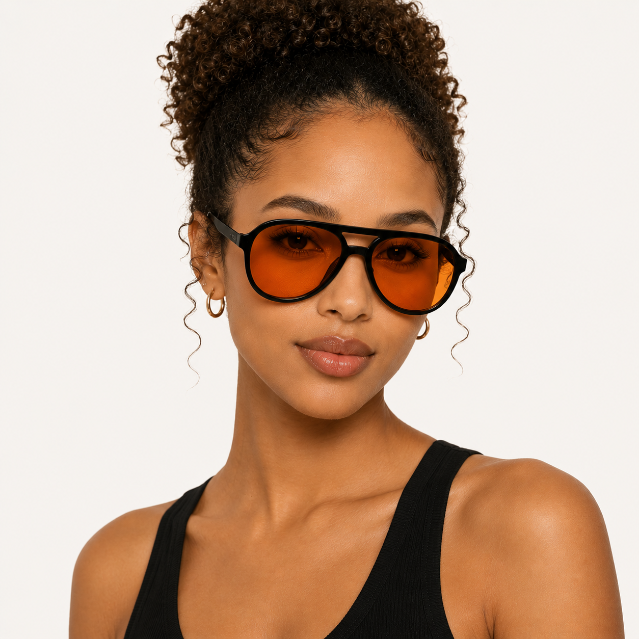Loci Trackable Glasses with Black Frames and Orange Polarized Lenses on Heart Shaped Face